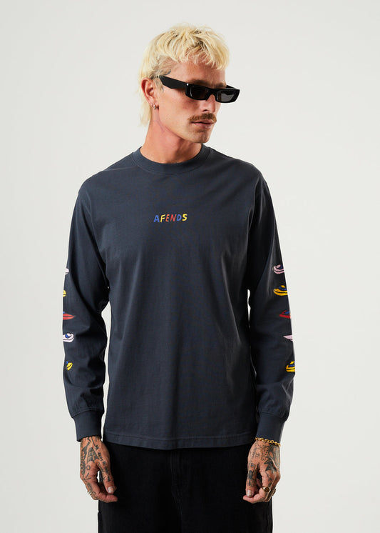 AFENDS WAHZOO RECYCLED LONG SLEEVE TEE CHARCOAL